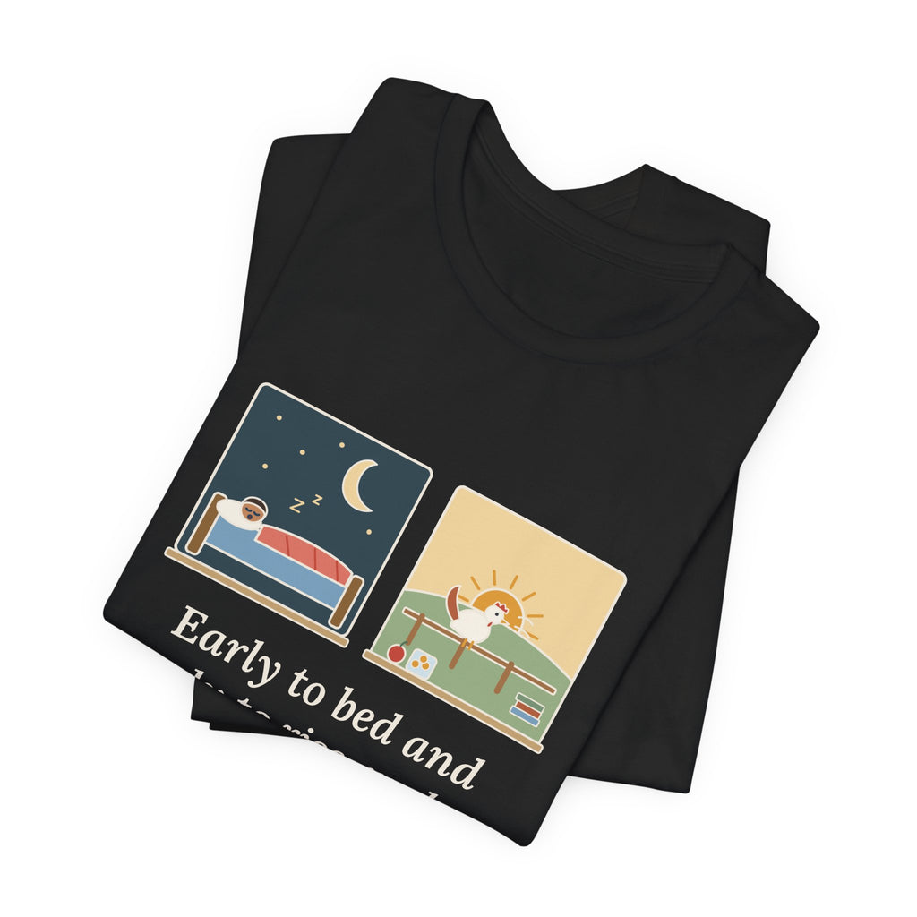 Franklin Wisdom Quote T-Shirt, Early to Bed and Early to Rise, Early Riser Moon and Rooster Tee