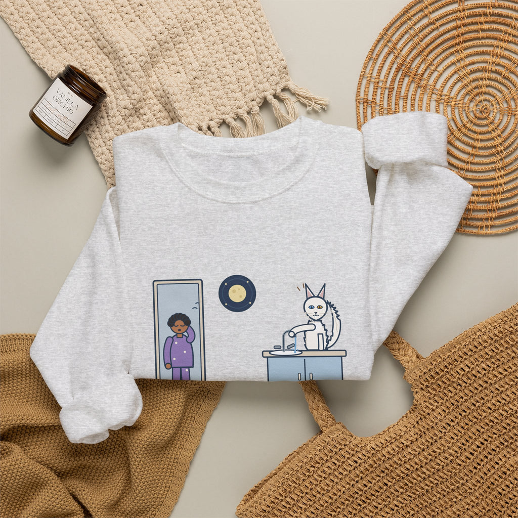 Turkish Angora Crewneck Sweatshirt - Bathroom Faucet at Two A.M. White Cat Owner Gift