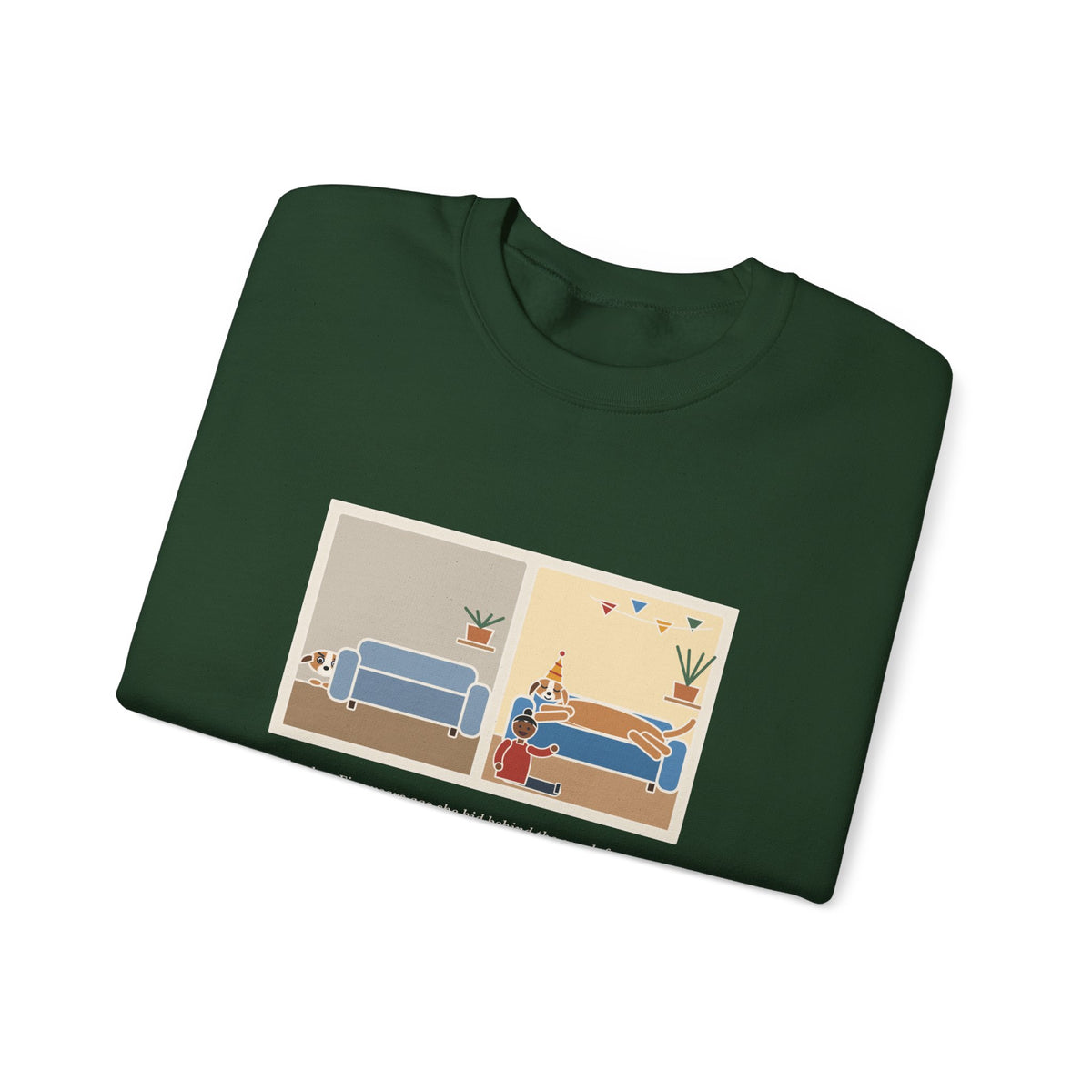 Gotcha Day Sweatshirt, Five Years Ago She Hid Behind the Couch, Now the Couch Is Hers, Funny Then and Now Crewneck