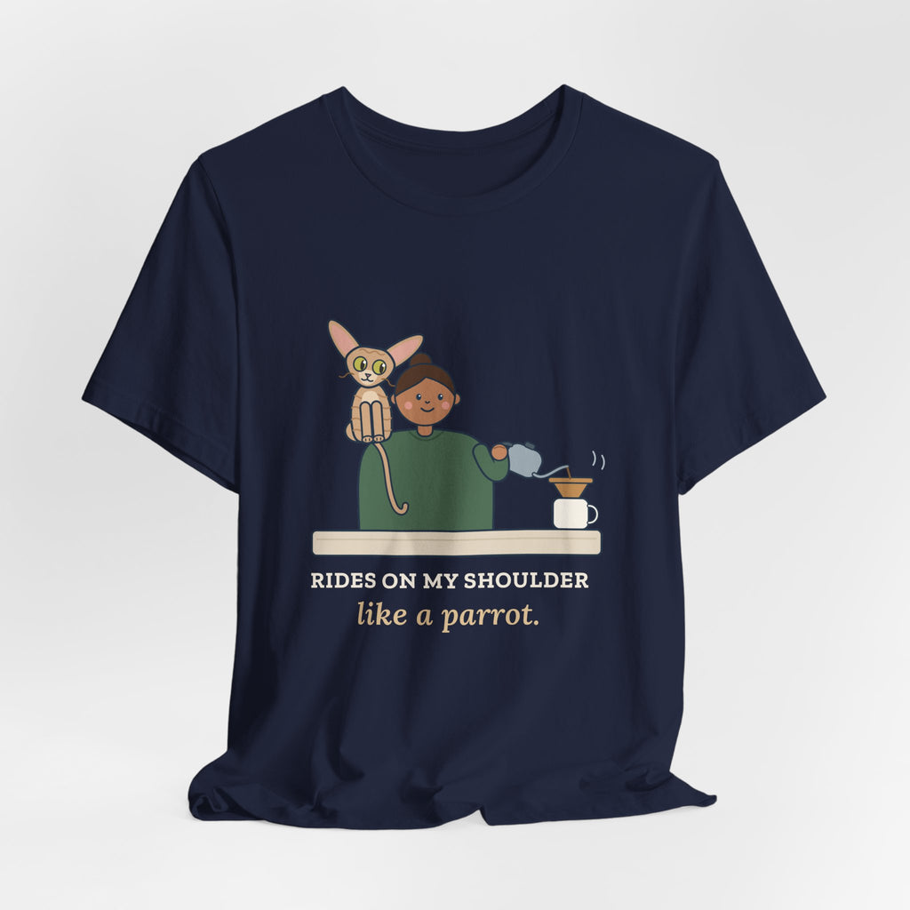 Devon Rex Cat T-Shirt - Rides on My Shoulder Like a Parrot Funny Shoulder Cat Tee