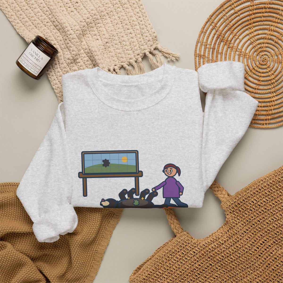 Thousand-Piece Puzzle, Found the Last Piece Under the Dog Sweatshirt, Funny Jigsaw Puzzle Crewneck with Belly-Up Dog