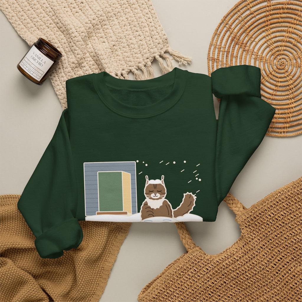 Siberian Cat Crewneck Sweatshirt - Happy in the Snowbank During a Snowstorm