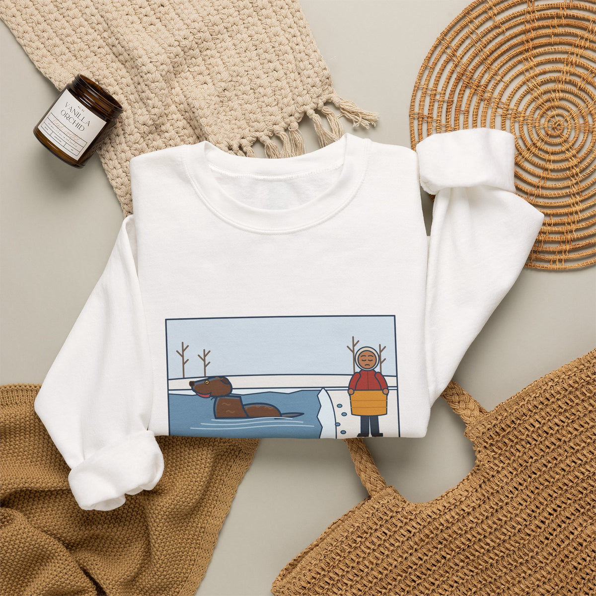 Chesapeake Bay Retriever Sweatshirt, Saw the Lake in January and Went In Anyway, Twice, Funny Winter Lake Crewneck