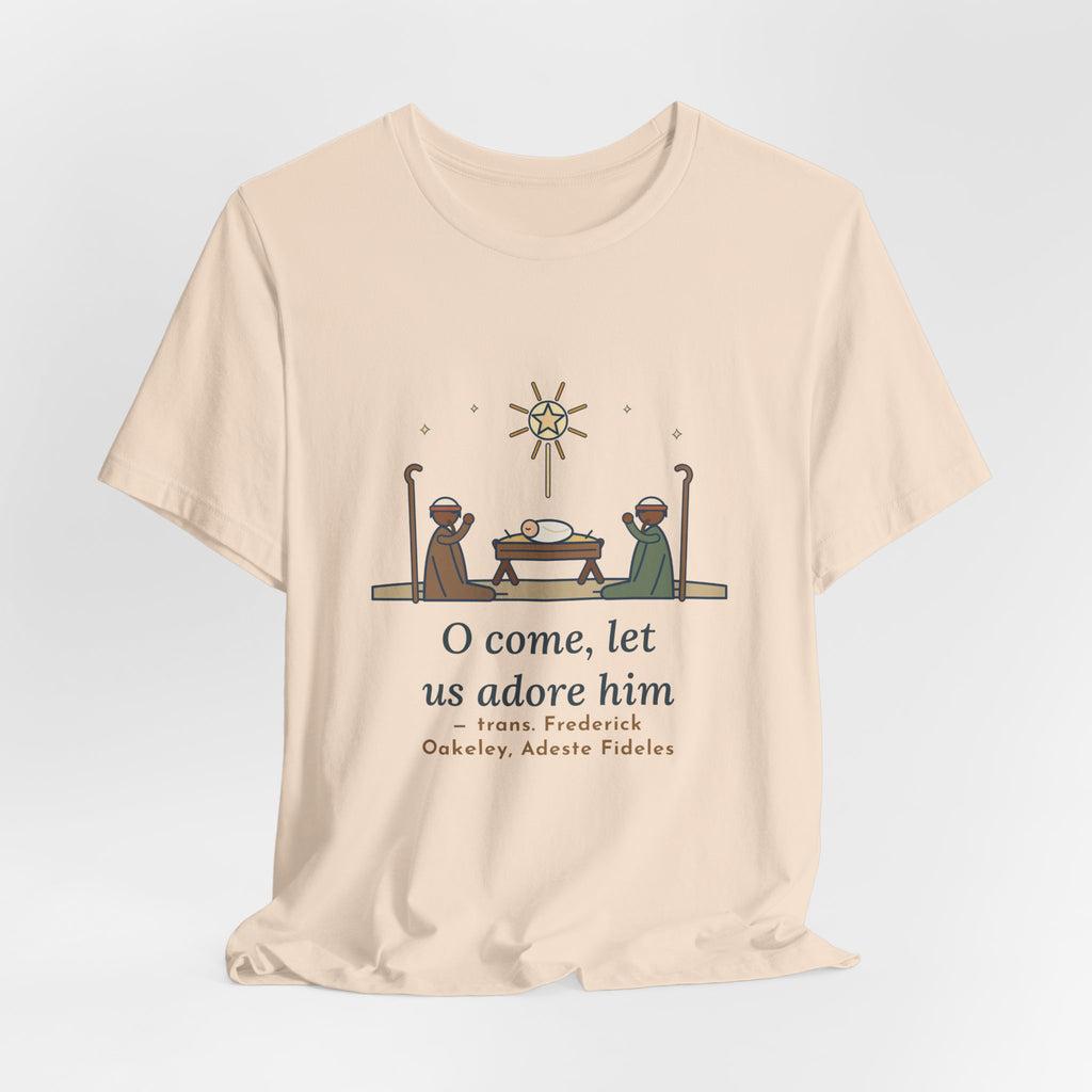 Oakeley Quote T-Shirt, O Come, Let Us Adore him, Christmas Woodcut Manger Tee