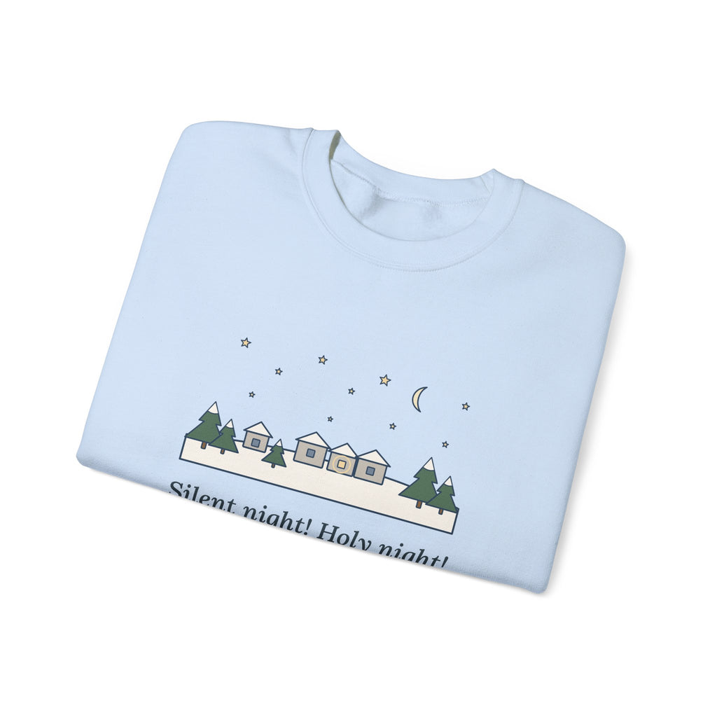 All Is Calm, All Is Bright Sweatshirt, Christmas Joseph Mohr Quote Crewneck with Snowy Village Night