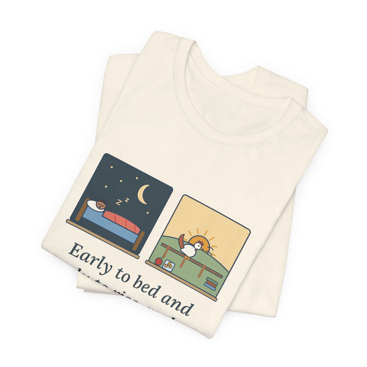 Franklin Wisdom Quote T-Shirt, Early to Bed and Early to Rise, Early Riser Moon and Rooster Tee
