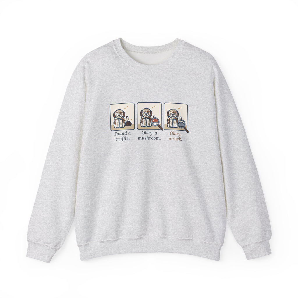 Lagotto Romagnolo Crewneck Sweatshirt - Truffle, Mushroom, Rock Three-Panel Dog Comic