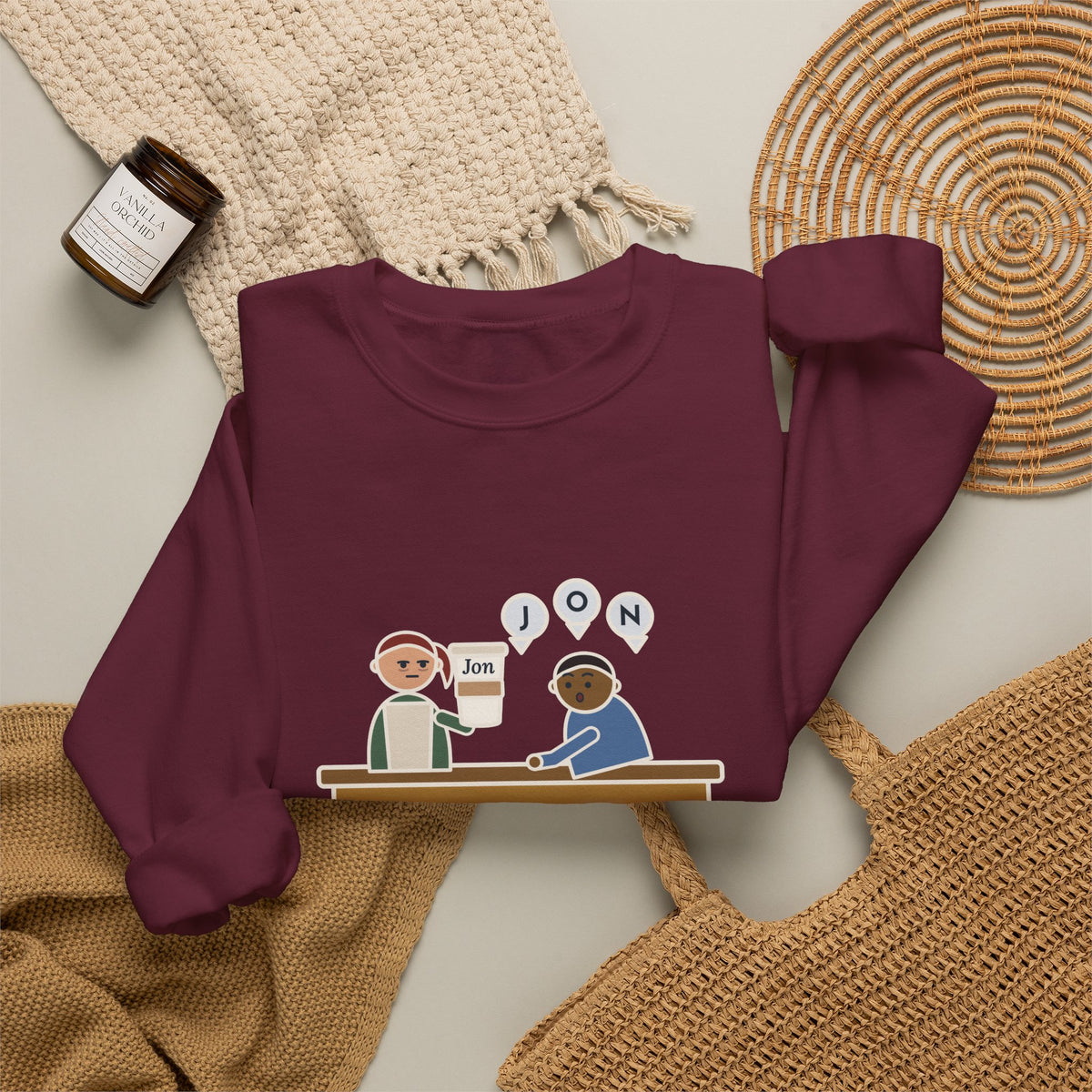 Funny Barista Crewneck Sweatshirt - He Spelled Jon for Me, Letter by Letter