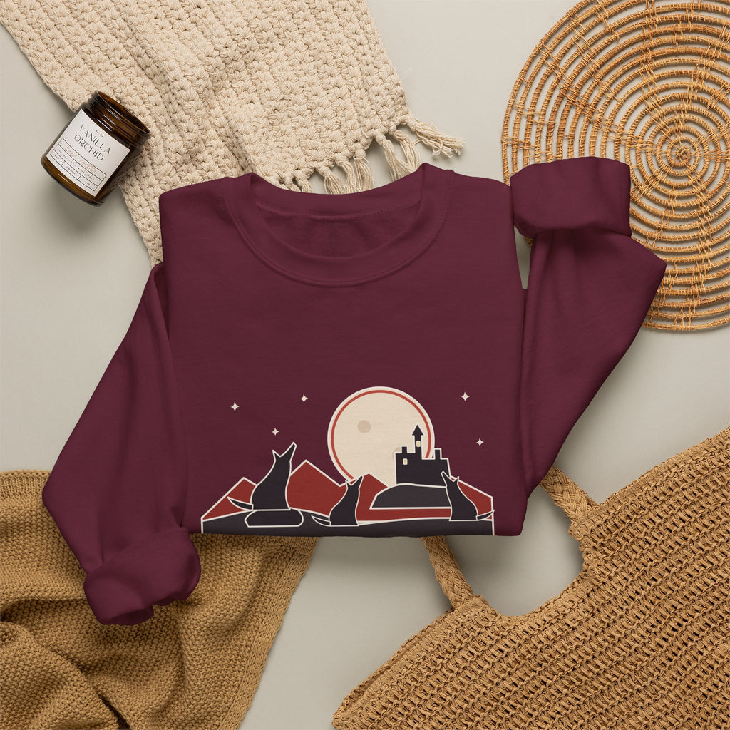 The Children of the Night Sweatshirt, Gothic Bram Stoker Quote Crewneck with Wolves and Red Moon