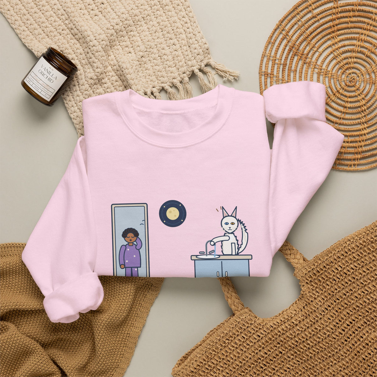 Turkish Angora Crewneck Sweatshirt - Bathroom Faucet at Two A.M. White Cat Owner Gift