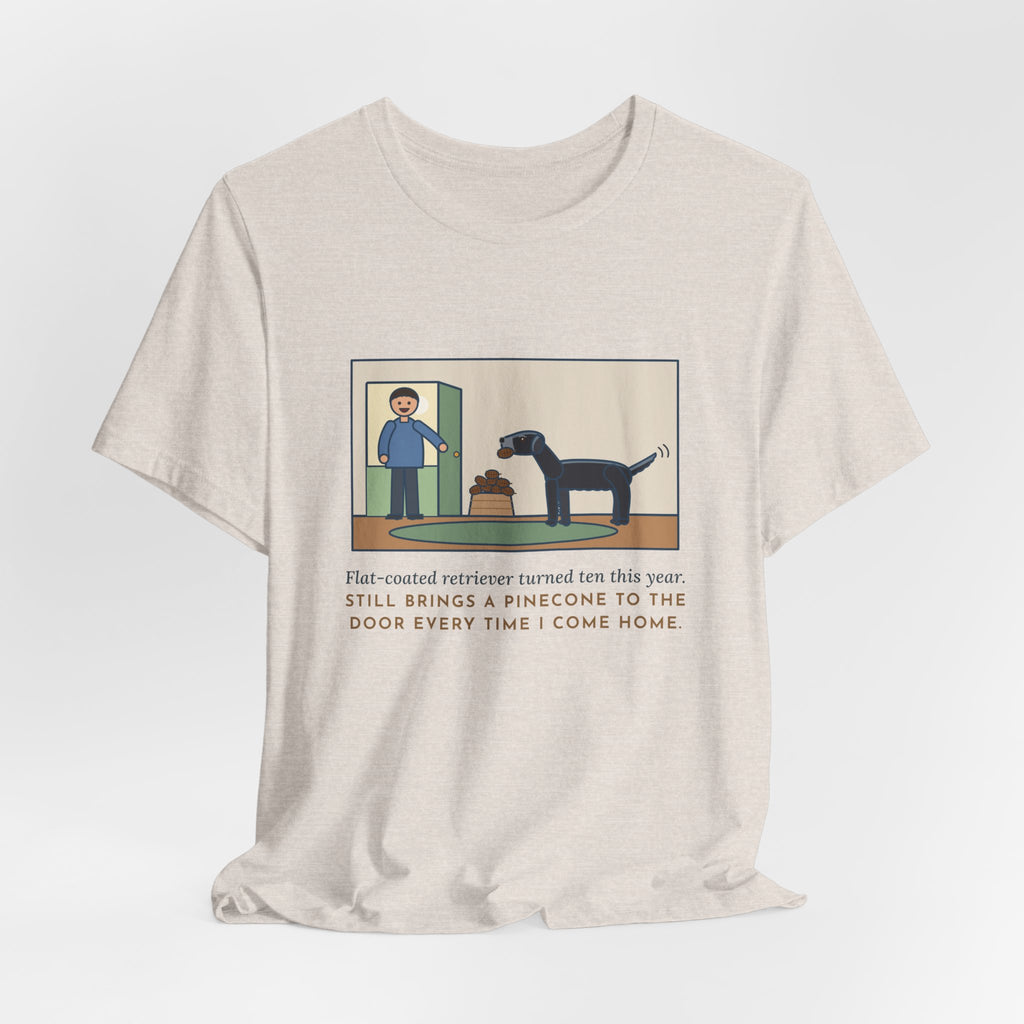 Funny Flat-Coated Retriever T-Shirt, Turned Ten This Year, Still Brings a Pinecone to the Door Every Time, Homecoming Tee
