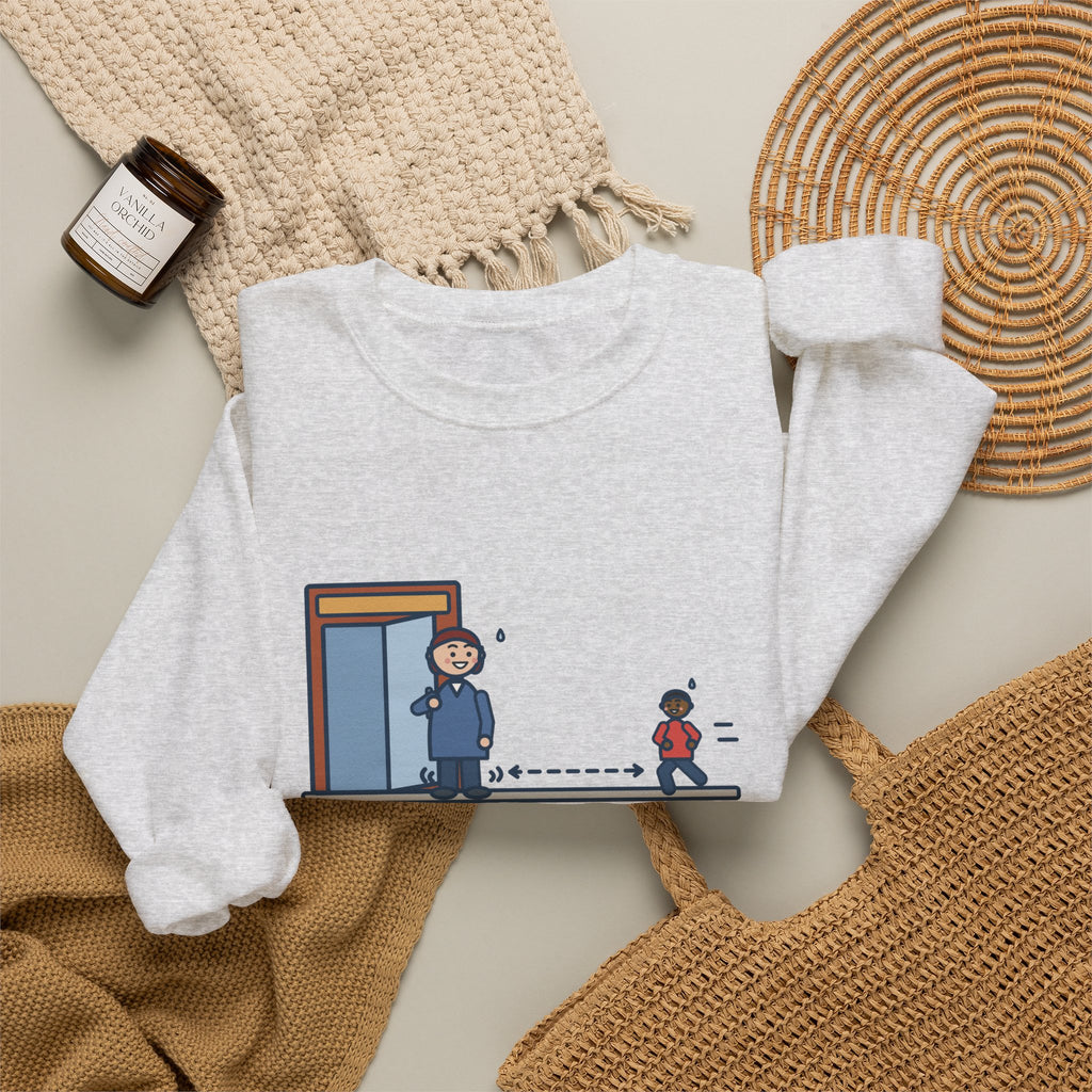 Holding the Door Sweatshirt, For Someone Twenty Feet Away, We Both Jogged, Funny Shop Entrance Crewneck
