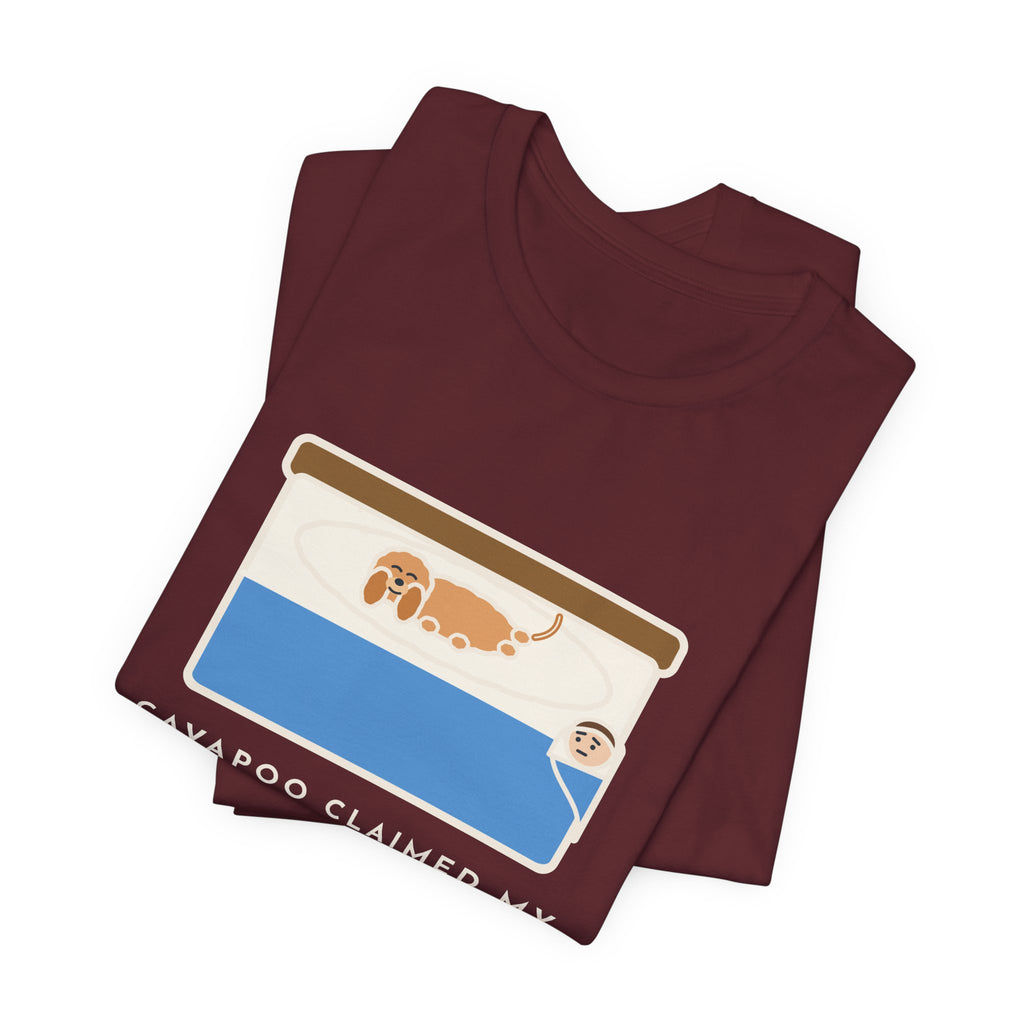 Funny Cavapoo T-Shirt, Claimed My Pillow on Night One, I Sleep on the Corner Now, Big Bed Tee