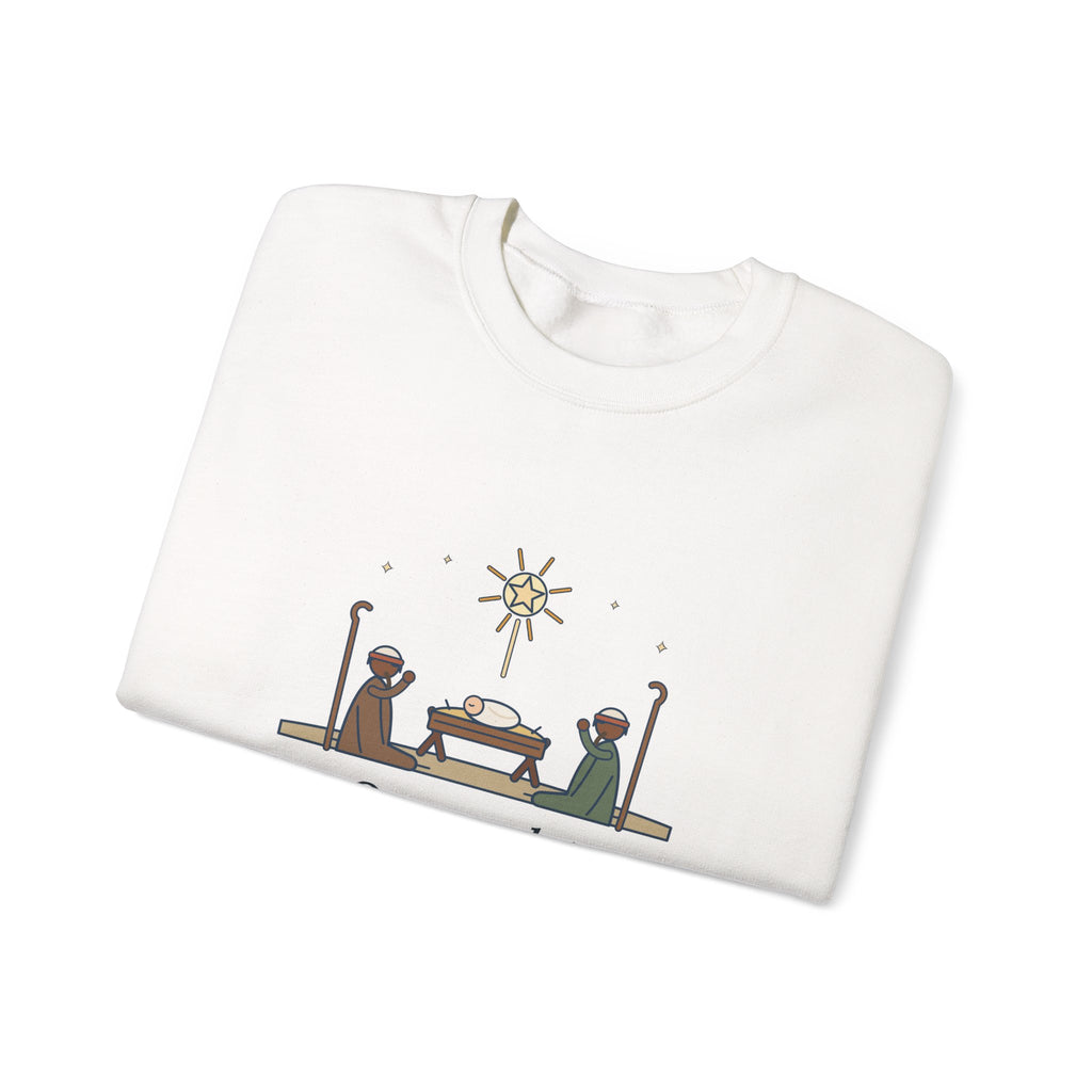 O Come, Let Us Adore him Sweatshirt, Christmas Oakeley Quote Crewneck with Woodcut Manger