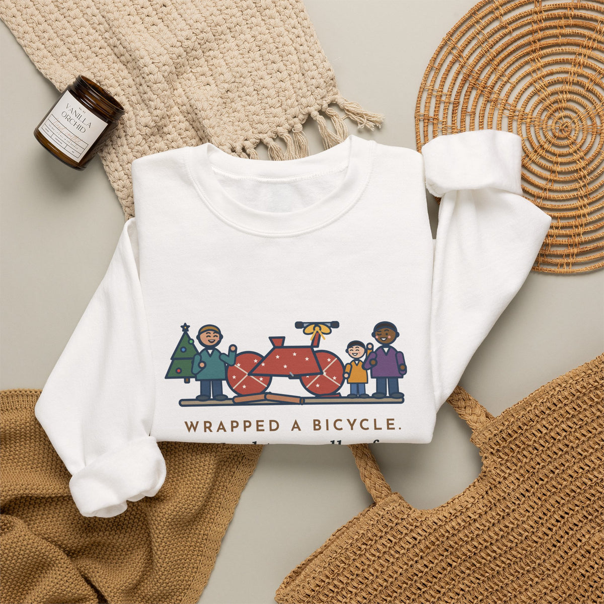 Christmas Gift Sweatshirt, Wrapped a Bicycle with Two Rolls of Paper, Everyone Still Knew, Funny Christmas Morning Crewneck