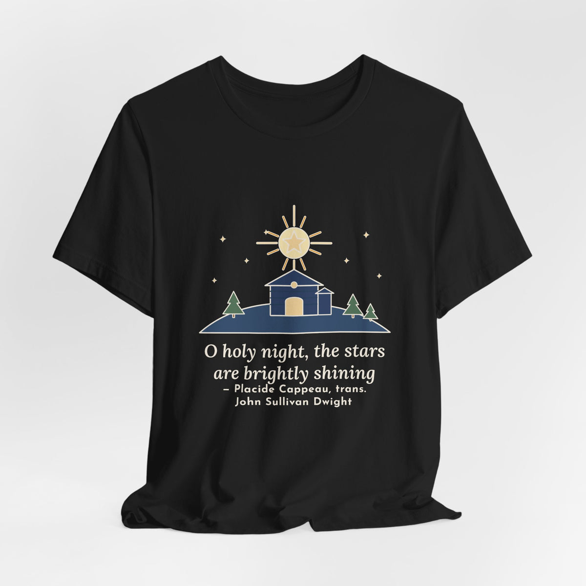 Cappeau Quote T-Shirt, The Stars Are Brightly Shining, Christmas Star over Stable Tee