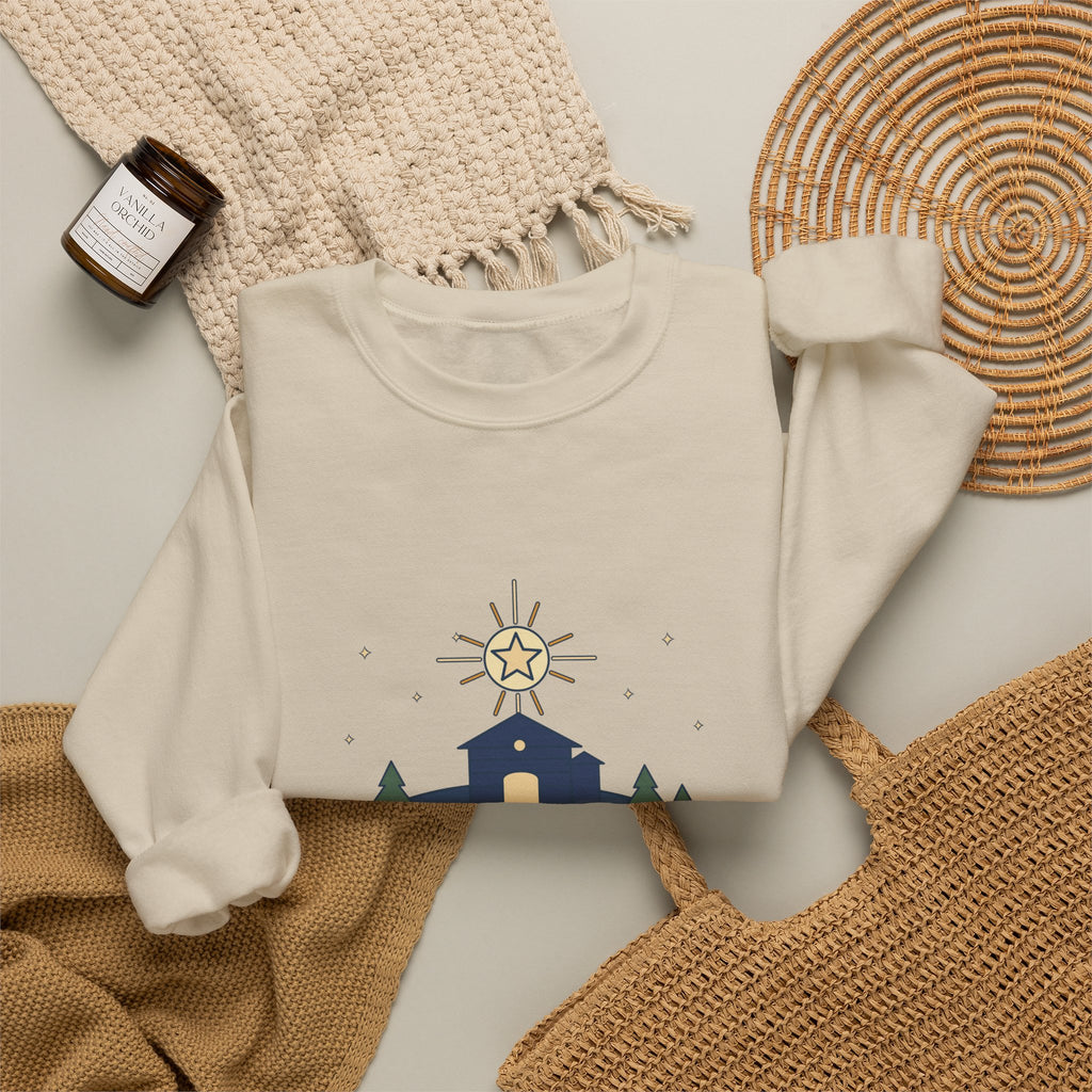 The Stars Are Brightly Shining Sweatshirt, Christmas Cappeau Quote Crewneck with Star over Stable