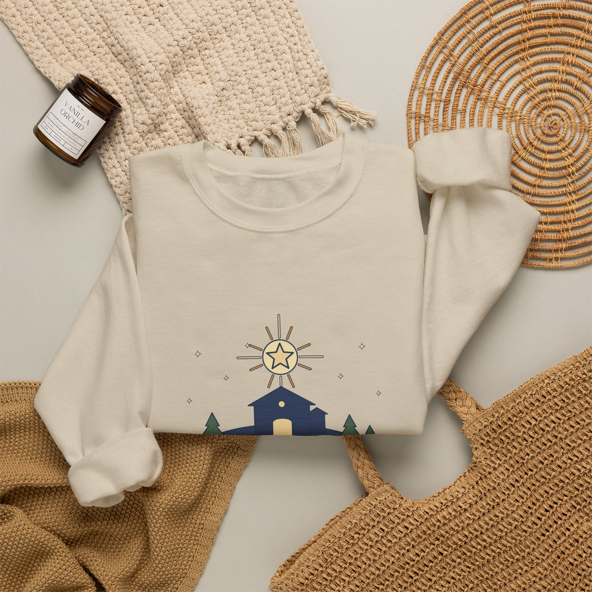 The Stars Are Brightly Shining Sweatshirt, Christmas Cappeau Quote Crewneck with Star over Stable