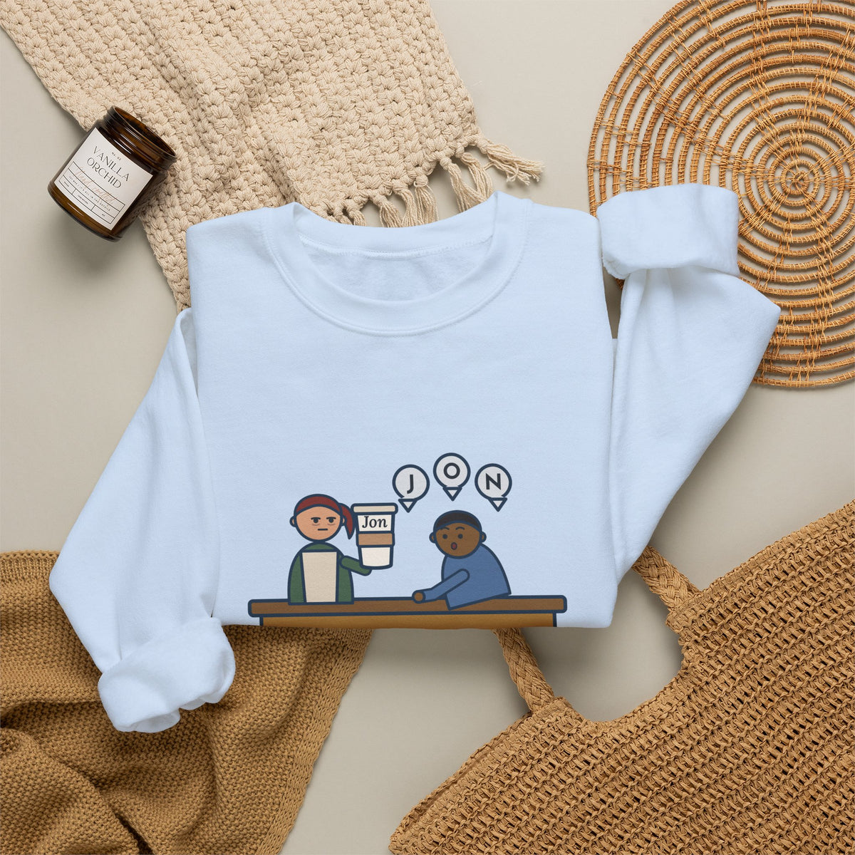 Funny Barista Crewneck Sweatshirt - He Spelled Jon for Me, Letter by Letter