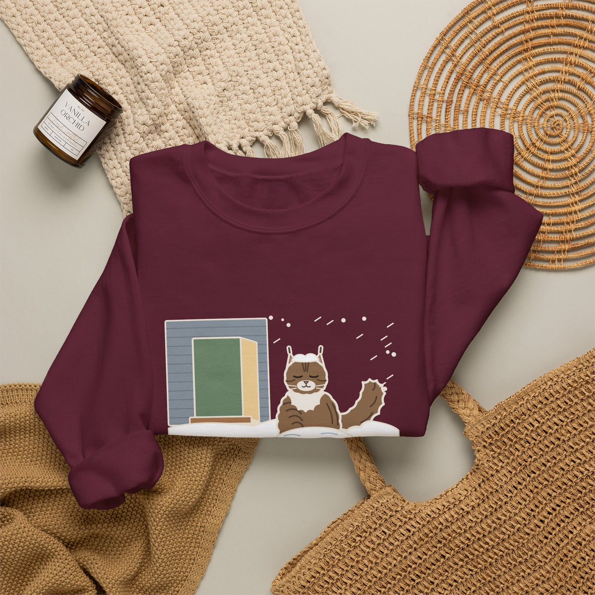 Siberian Cat Crewneck Sweatshirt - Happy in the Snowbank During a Snowstorm