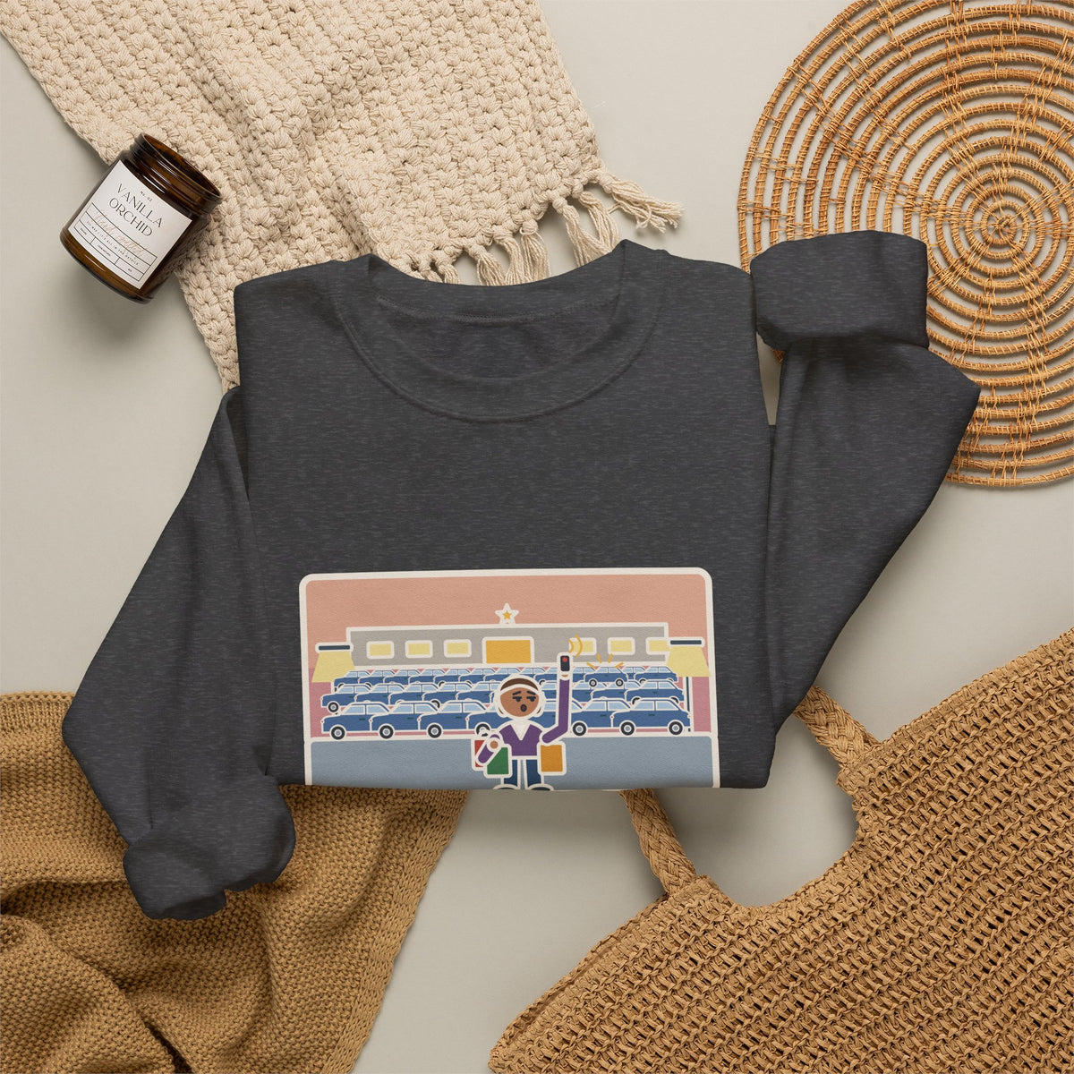 December Shopping Sweatshirt, Found a Parking Spot in Twenty Minutes, Found the Car Again in Forty, Funny Mall at Dusk Crewneck