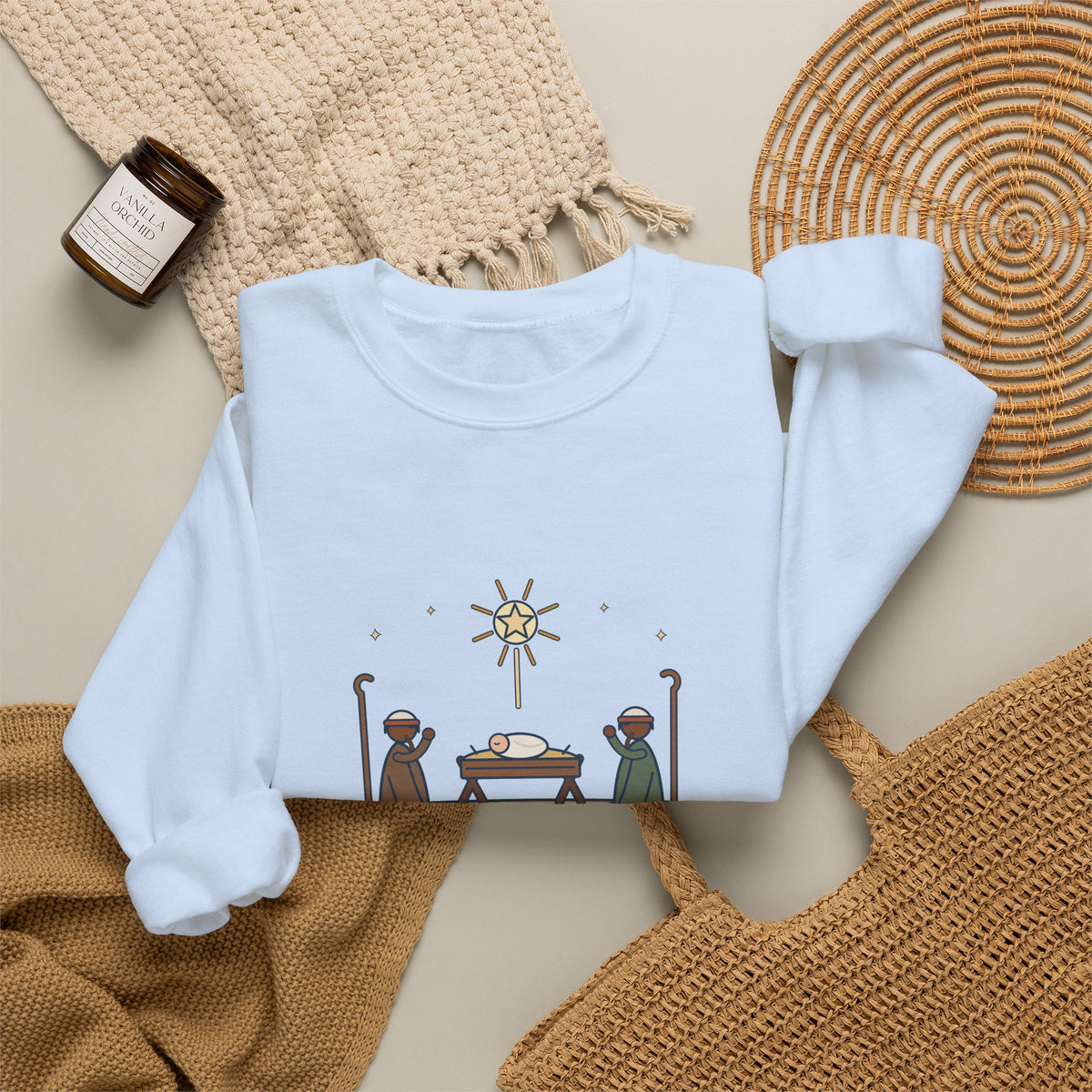 O Come, Let Us Adore him Sweatshirt, Christmas Oakeley Quote Crewneck with Woodcut Manger