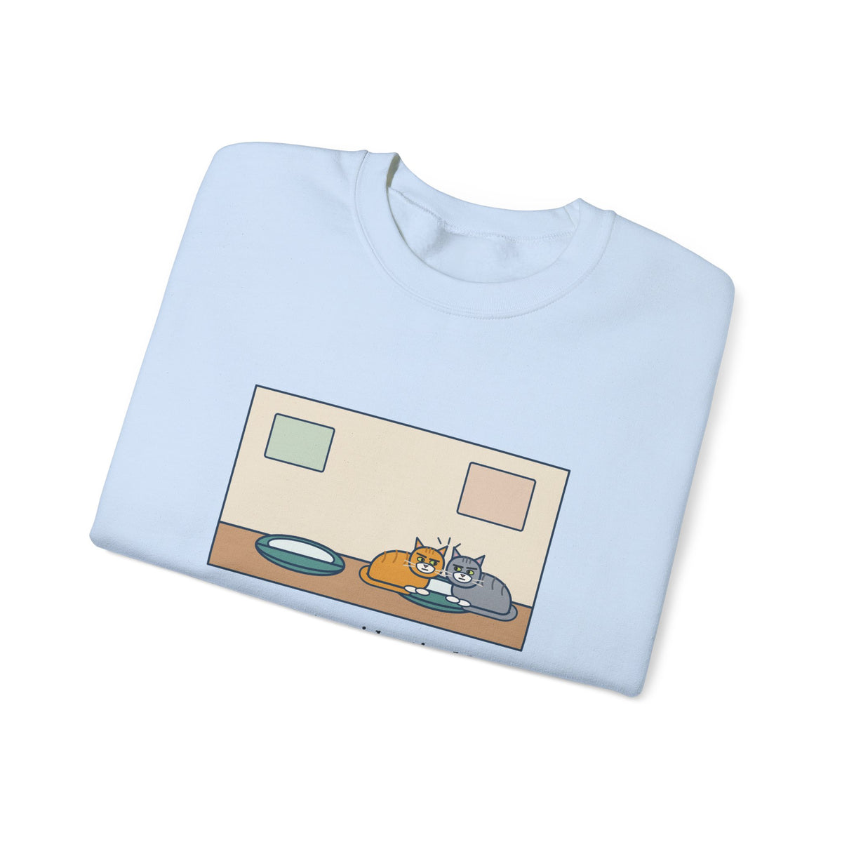 Two Cats Sweatshirt, Two Identical Beds, Both Cram into the Same One and Glare, Funny Bed Standoff Crewneck