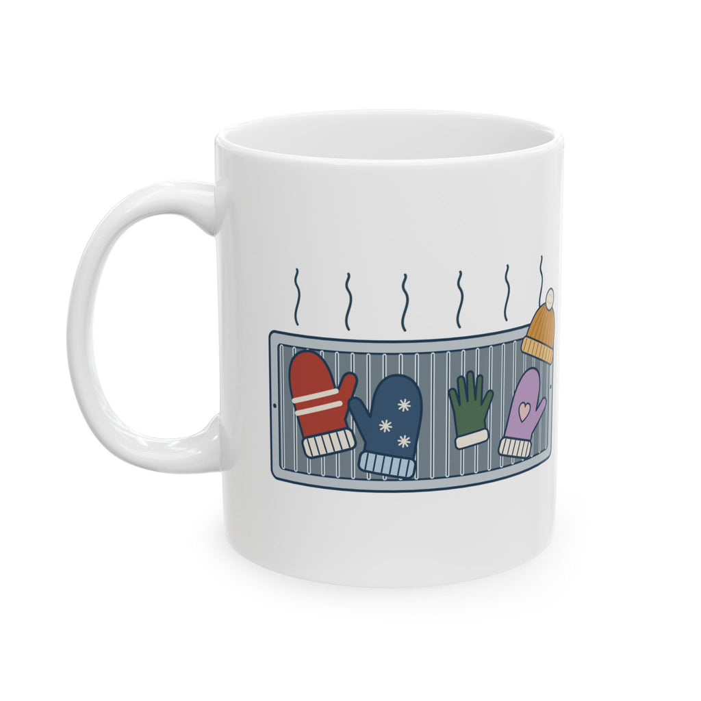 Winter Coffee Mug 11oz - Mittens Drying on Every Vent Cozy Gift Mug