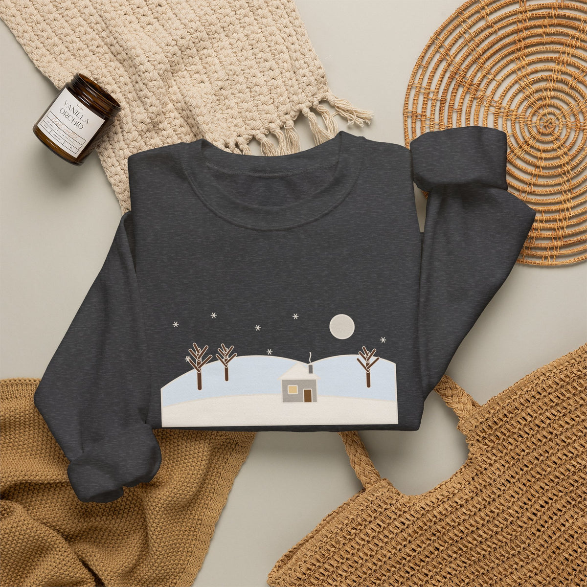 In the Bleak Mid-Winter Sweatshirt, Winter Rossetti Quote Crewneck with Snowy Cottage Hill