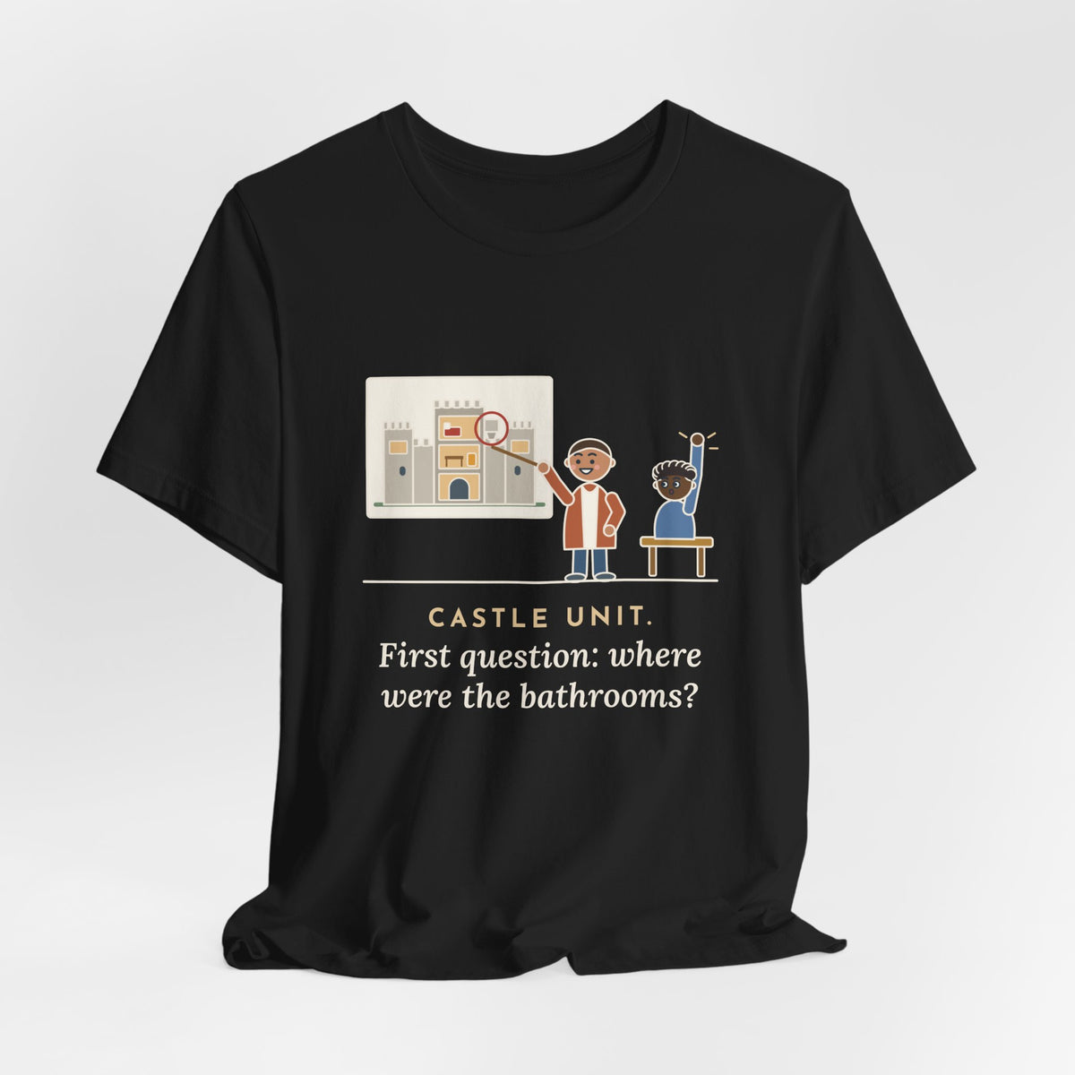 World History Teacher T-Shirt - Castle Unit, First Question: Where Were the Bathrooms