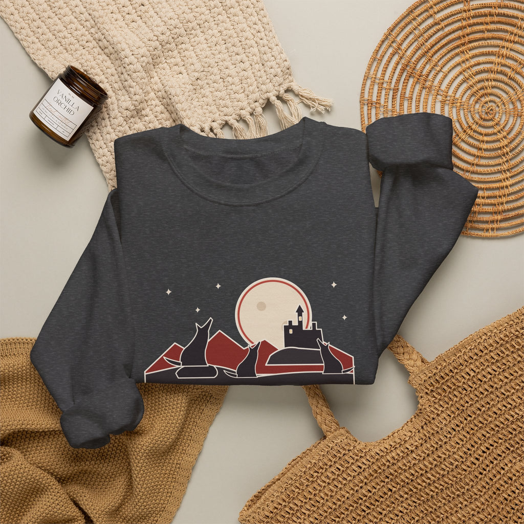The Children of the Night Sweatshirt, Gothic Bram Stoker Quote Crewneck with Wolves and Red Moon