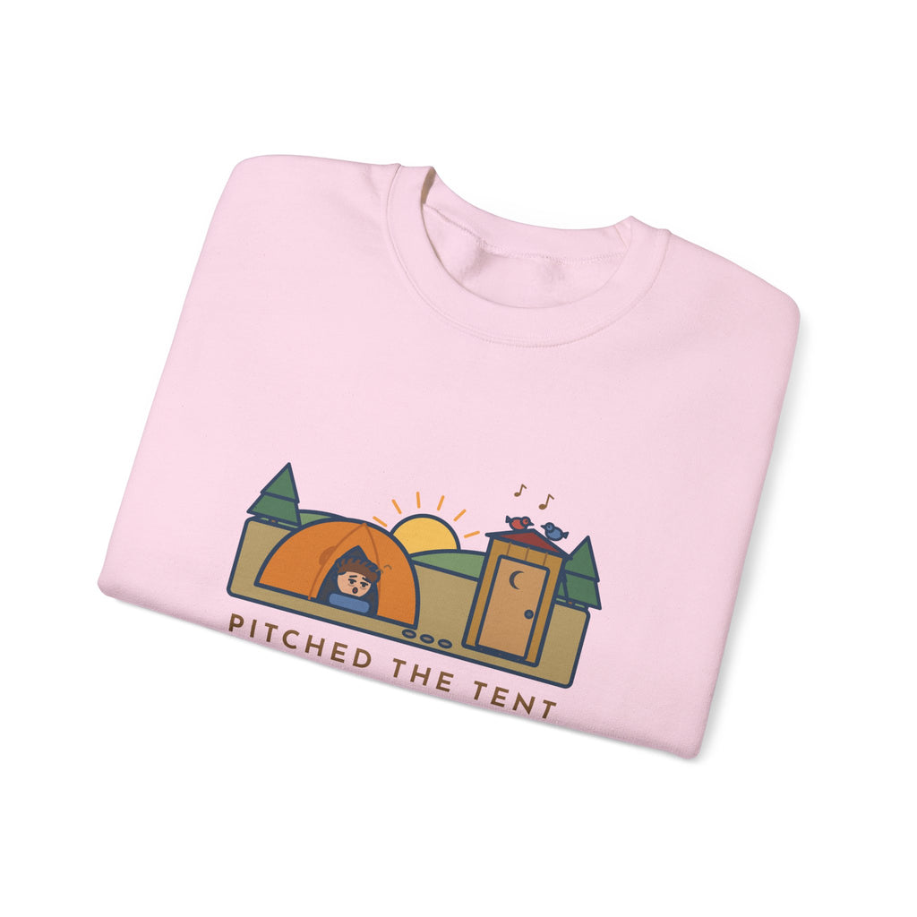Pitched the Tent in the Dark Sweatshirt, Funny Camping Crewneck with Outhouse View