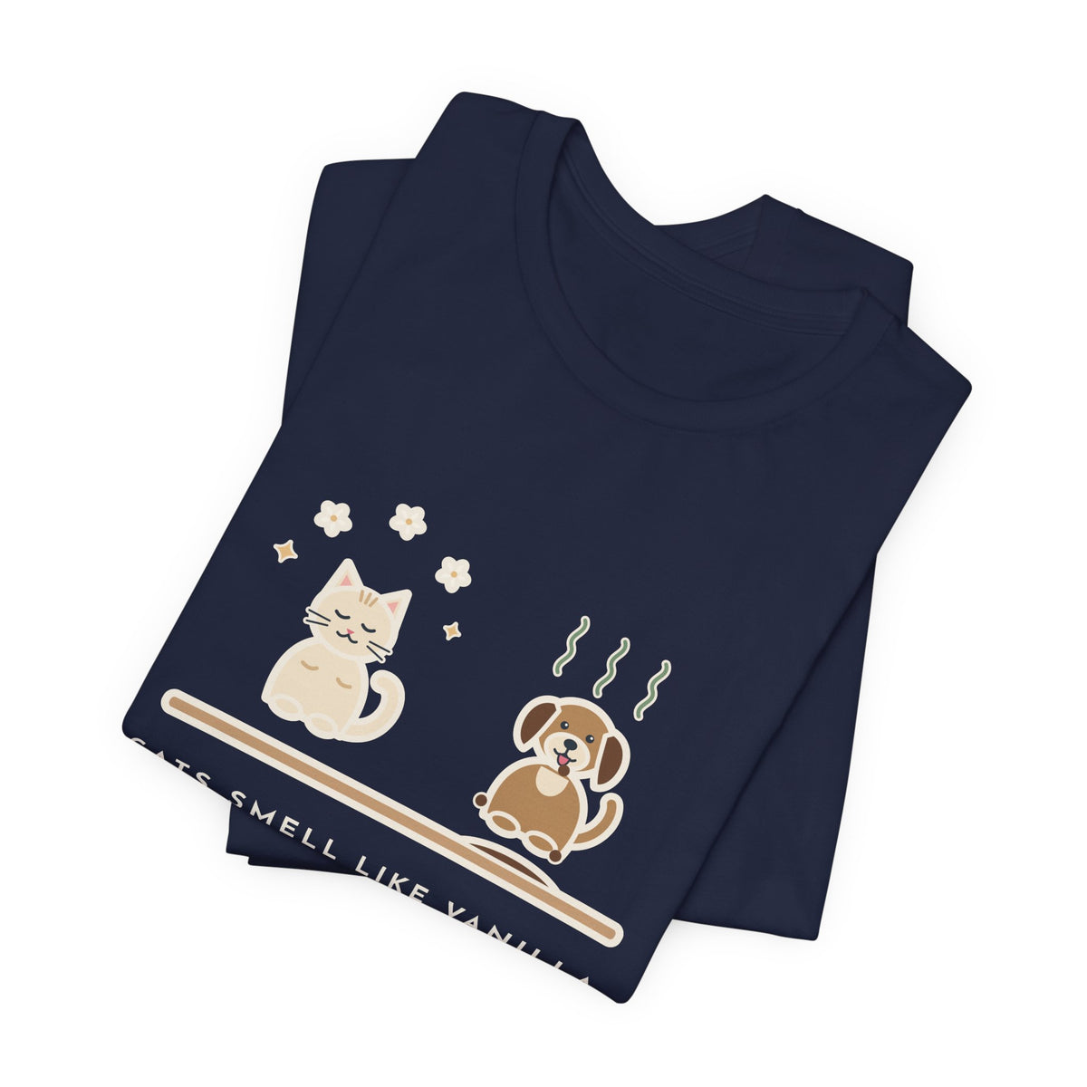 Funny Pet Humor T-Shirt, Cats Smell Like Vanilla, Dogs Smell Like Dogs, Original Illustrated Shirt