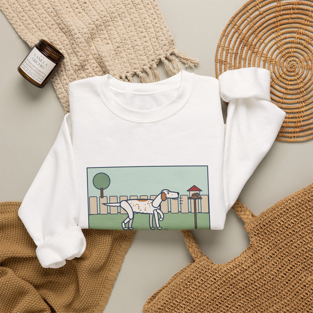 English Setter Sweatshirt, Froze Mid-Step in the Backyard, Target Was a Sparrow on the Feeder, Funny Backyard Feeder Crewneck