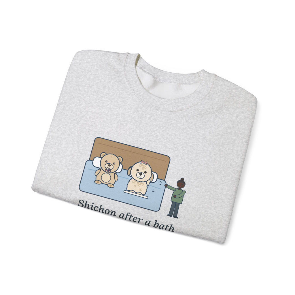 Shichon Sweatshirt, After a Bath Looks Exactly Like the Stuffed Bear She Sleeps Next To, Funny Bath Day Twin Crewneck