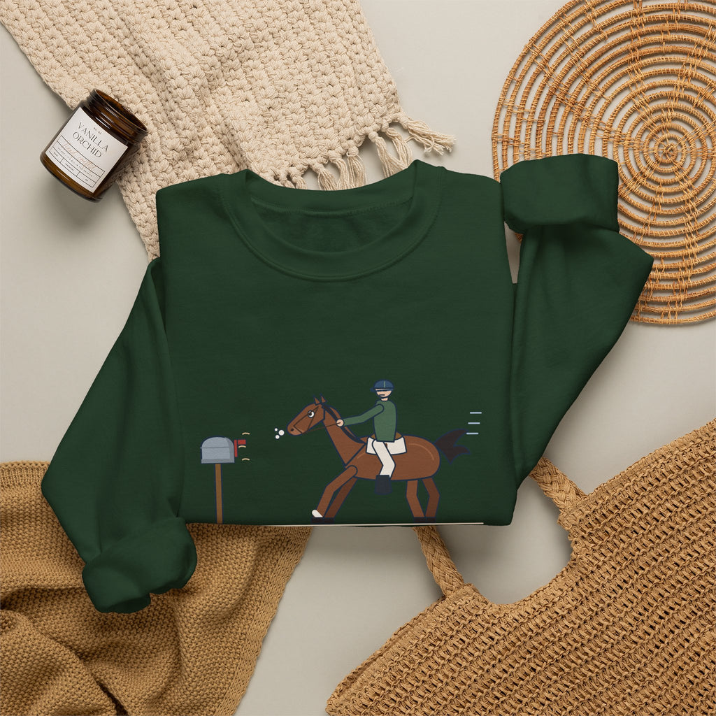 Horse Riders Crewneck Sweatshirt - Spooked at the Mailbox He Passes Daily