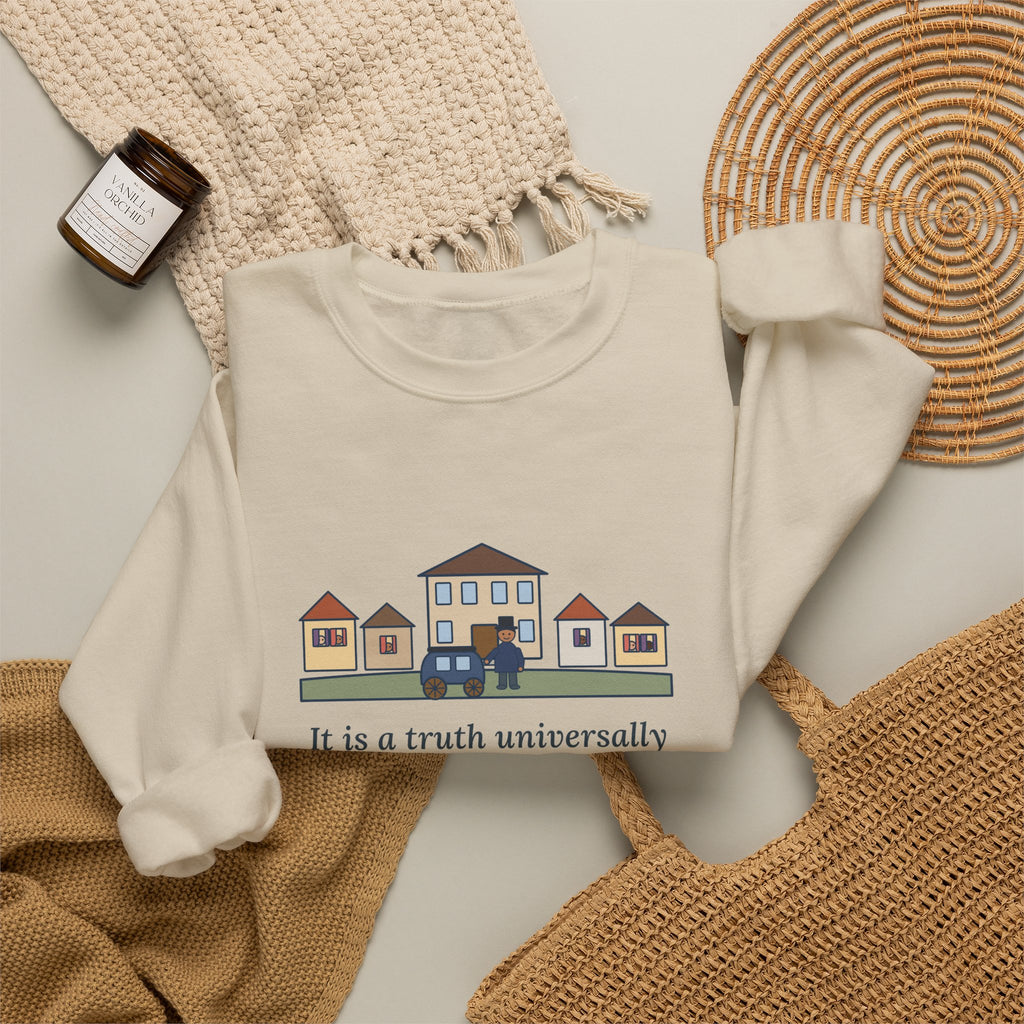 It Is a Truth Universally Acknowledged Sweatshirt, Literary Jane Austen Quote Crewneck with Village Street