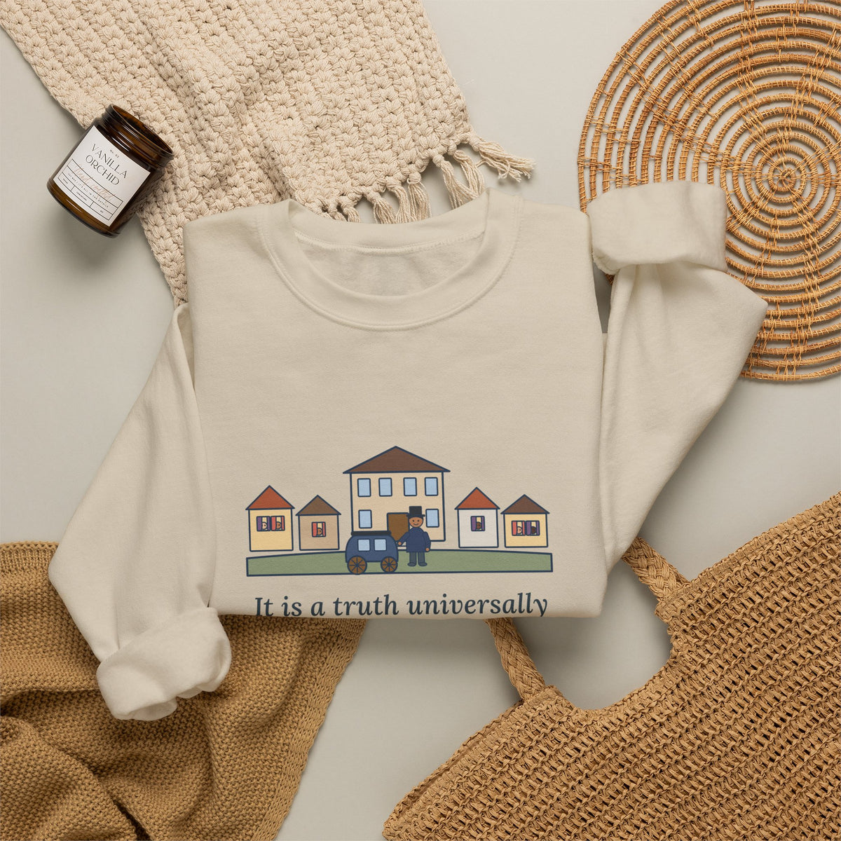 It Is a Truth Universally Acknowledged Sweatshirt, Literary Jane Austen Quote Crewneck with Village Street