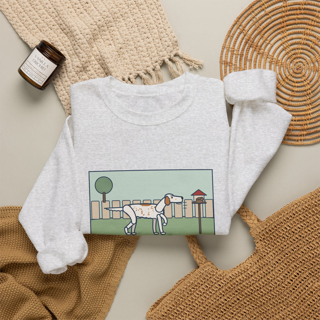 English Setter Sweatshirt, Froze Mid-Step in the Backyard, Target Was a Sparrow on the Feeder, Funny Backyard Feeder Crewneck