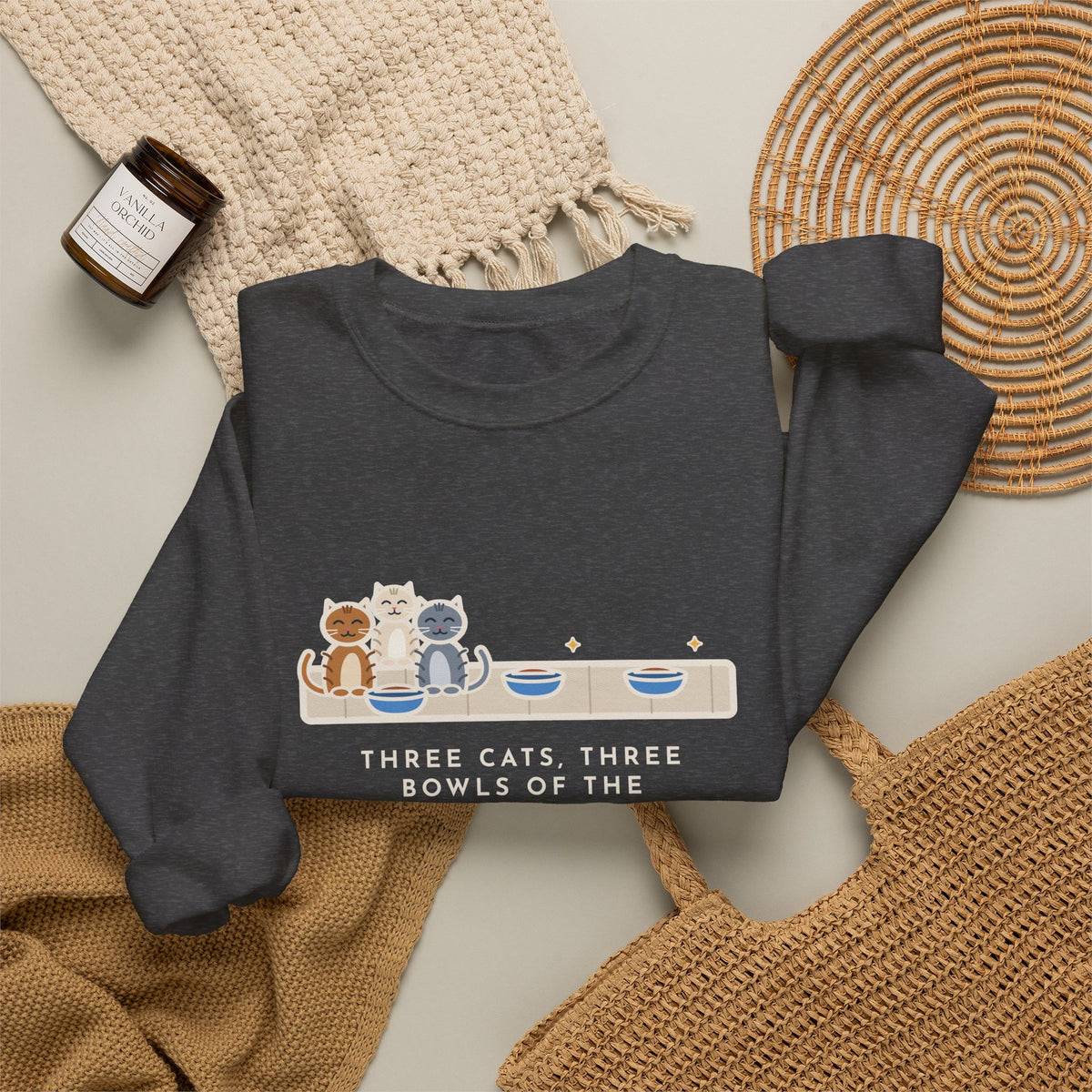 Three Cats Sweatshirt, Three Bowls of the Same Food, Every Cat Wants the One on the Left, Funny Kitchen Floor Crewneck