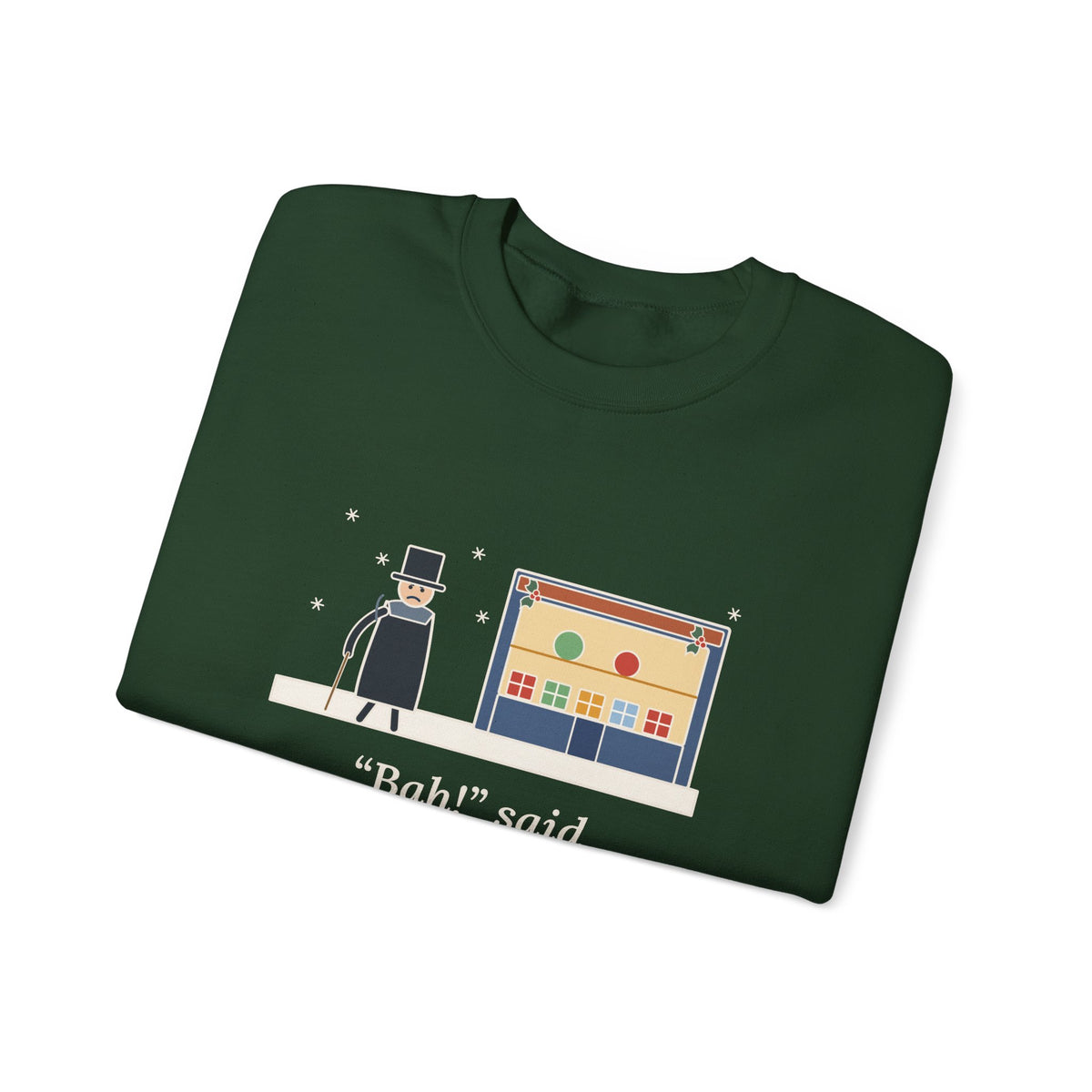 Bah Humbug Sweatshirt, Christmas Dickens Quote Crewneck with Snowy Shop Window