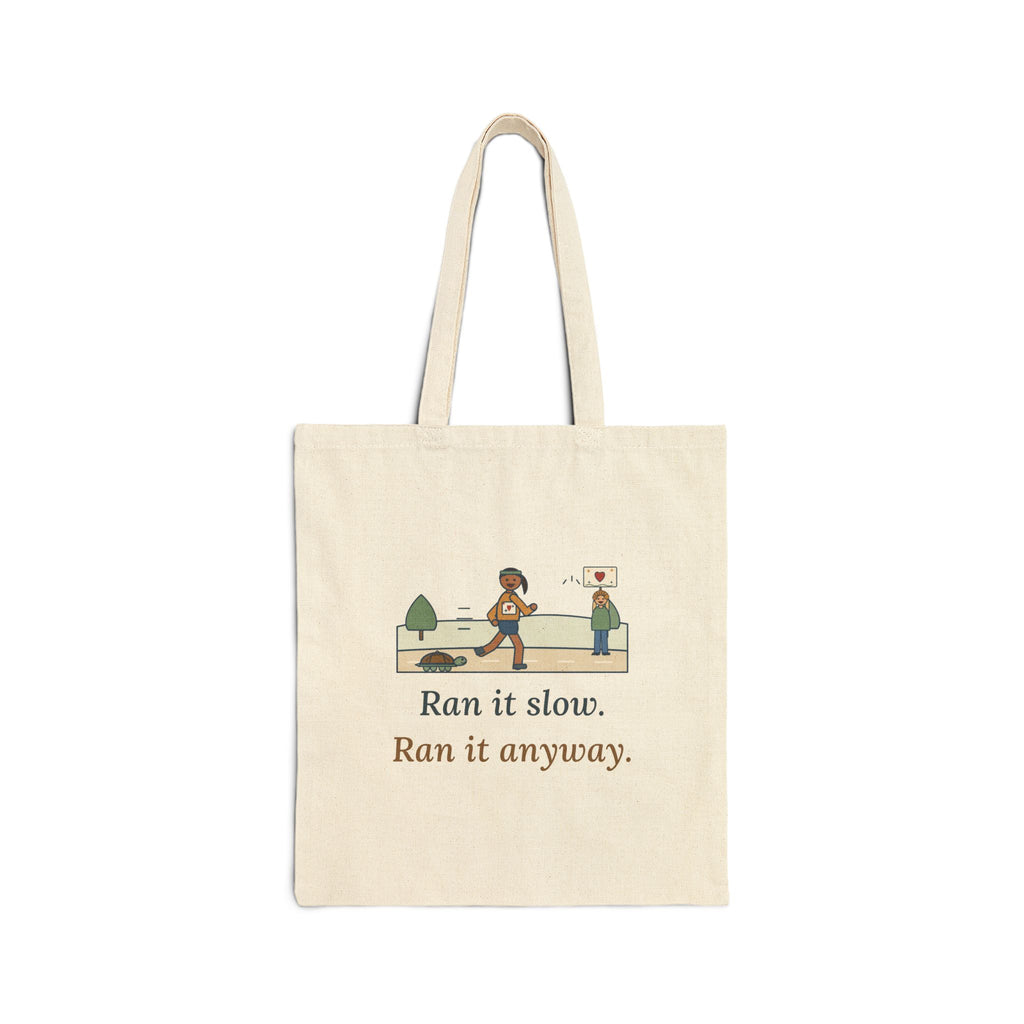 Ran It Slow. Ran It Anyway. Tote Bag, Running Quote Tote with Turtle Pace