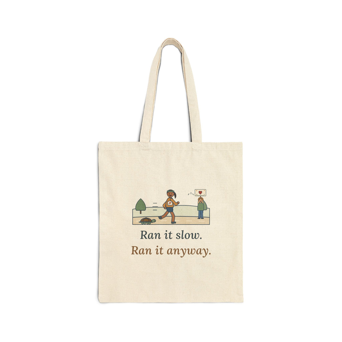 Ran It Slow. Ran It Anyway. Tote Bag, Running Quote Tote with Turtle Pace