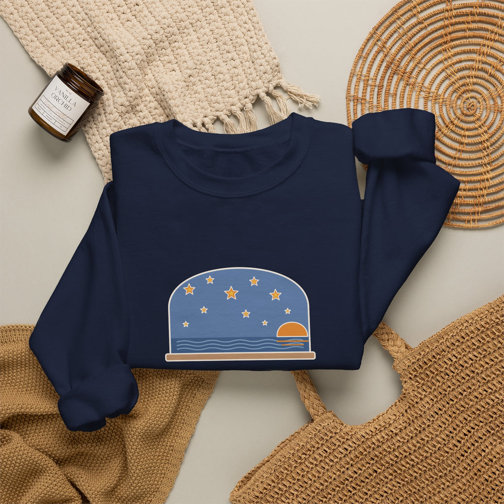But Never Doubt I Love Sweatshirt, Love Shakespeare Quote Crewneck with Fiery Stars at Sea