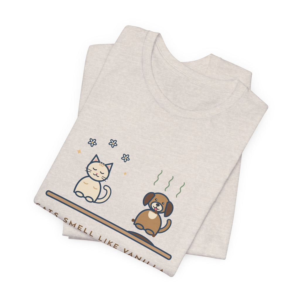 Funny Pet Humor T-Shirt, Cats Smell Like Vanilla, Dogs Smell Like Dogs, Original Illustrated Shirt