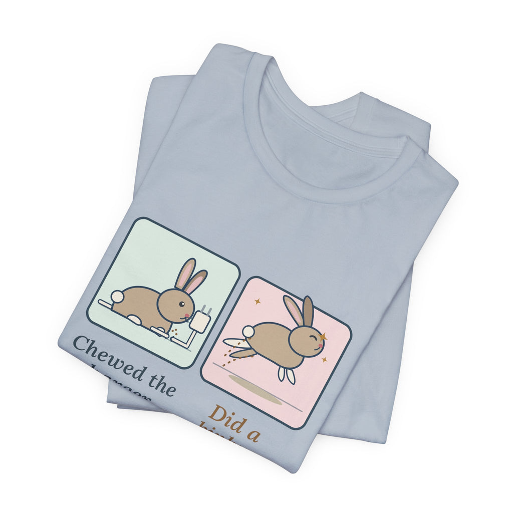 Pet Rabbits T-Shirt - Chewed the Charger. Did a Binky. Funny Bunny Owner Tee