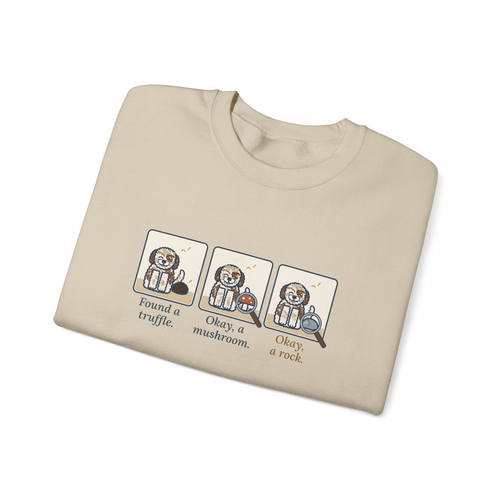 Lagotto Romagnolo Crewneck Sweatshirt - Truffle, Mushroom, Rock Three-Panel Dog Comic