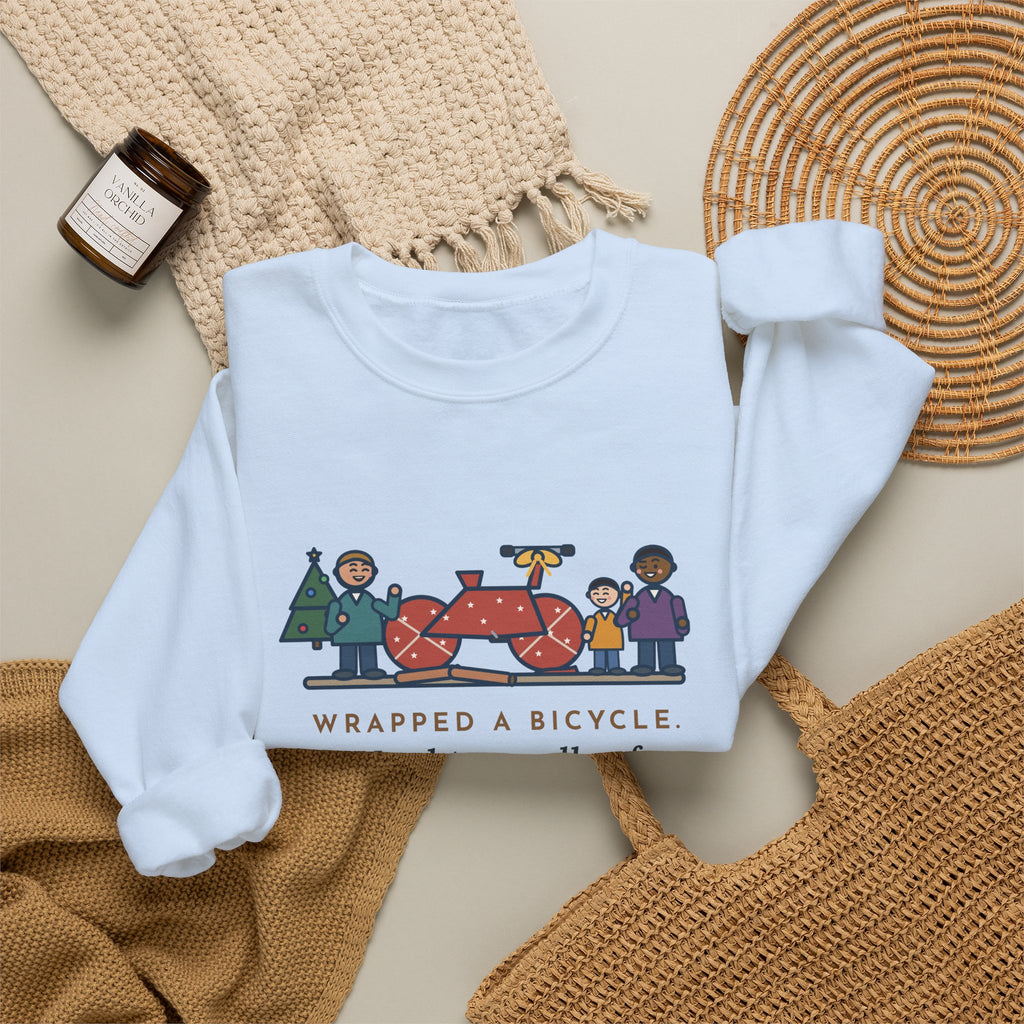 Christmas Gift Sweatshirt, Wrapped a Bicycle with Two Rolls of Paper, Everyone Still Knew, Funny Christmas Morning Crewneck