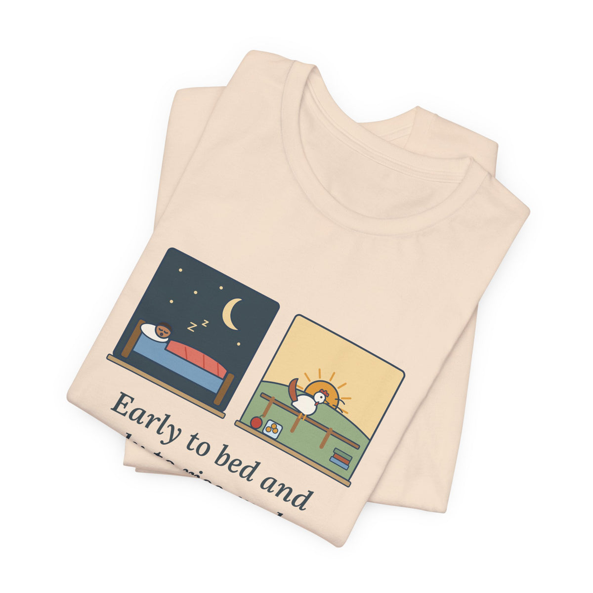 Franklin Wisdom Quote T-Shirt, Early to Bed and Early to Rise, Early Riser Moon and Rooster Tee