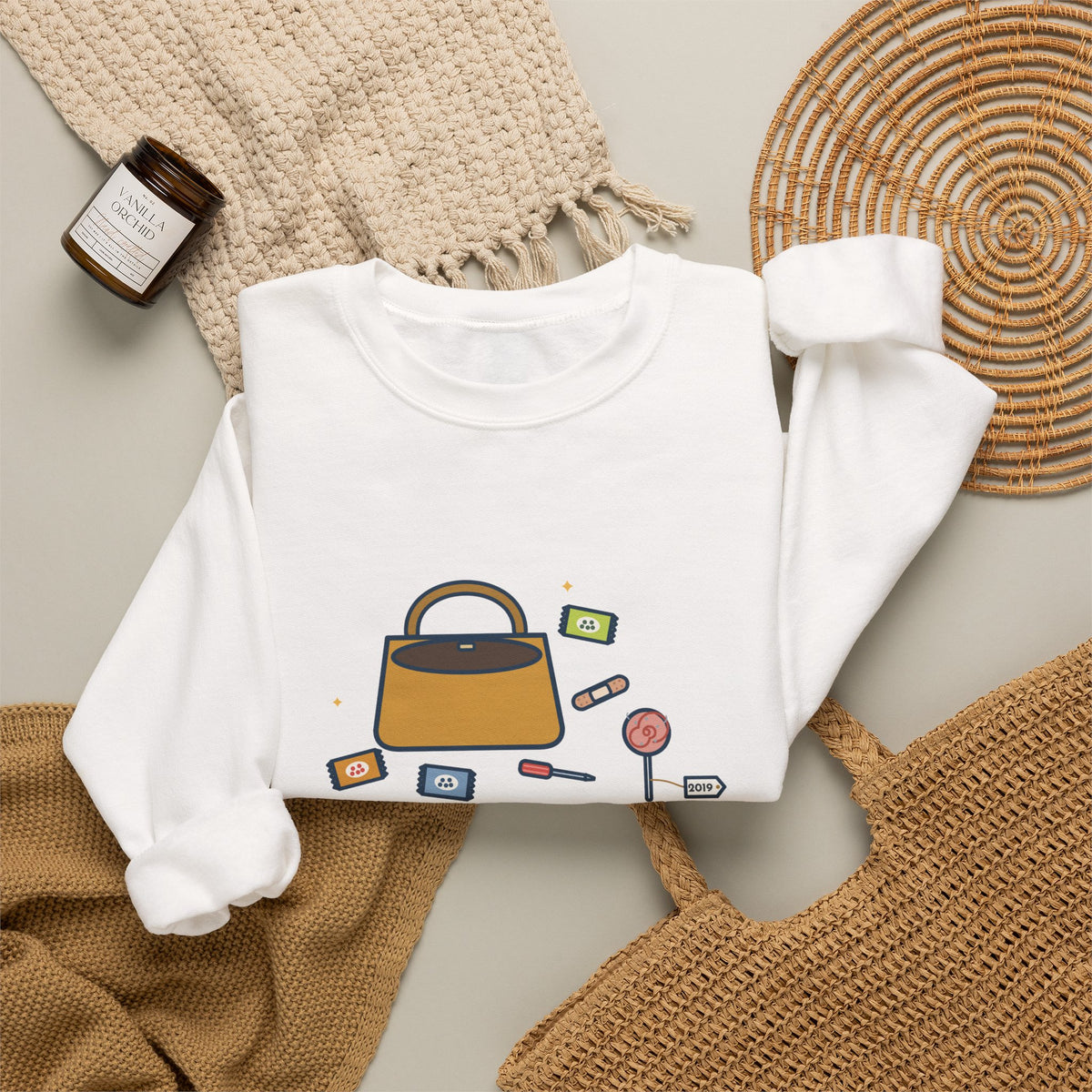 Mom Sweatshirt, Mom's Purse, Three Snacks, a Bandage, a Screwdriver and a Very Old Lollipop, Funny Purse Flat-Lay Crewneck